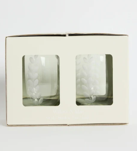 Olive Green Etched Leaf Set 2 Stemless Wine Glasses