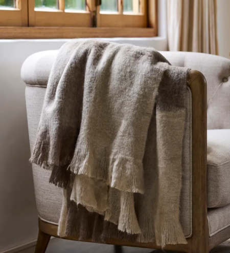 Beige Brown Plaid Fringe Throw