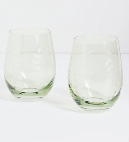 Olive Green Etched Leaf Set 2 Stemless Wine Glasses