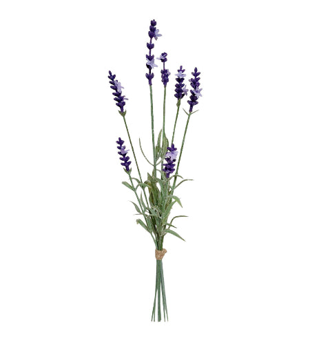 A single artificial lavender stem bundle with purple flower spikes, green stems, and leaves, tied near the base with a small brown band, shown on a plain white background.